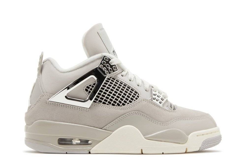 Wmns Air Jordan 4 Retro Frozen Moments sneaker in soft grey suede with metallic silver accents, featuring iconic mesh panels and cushioned sole for women.