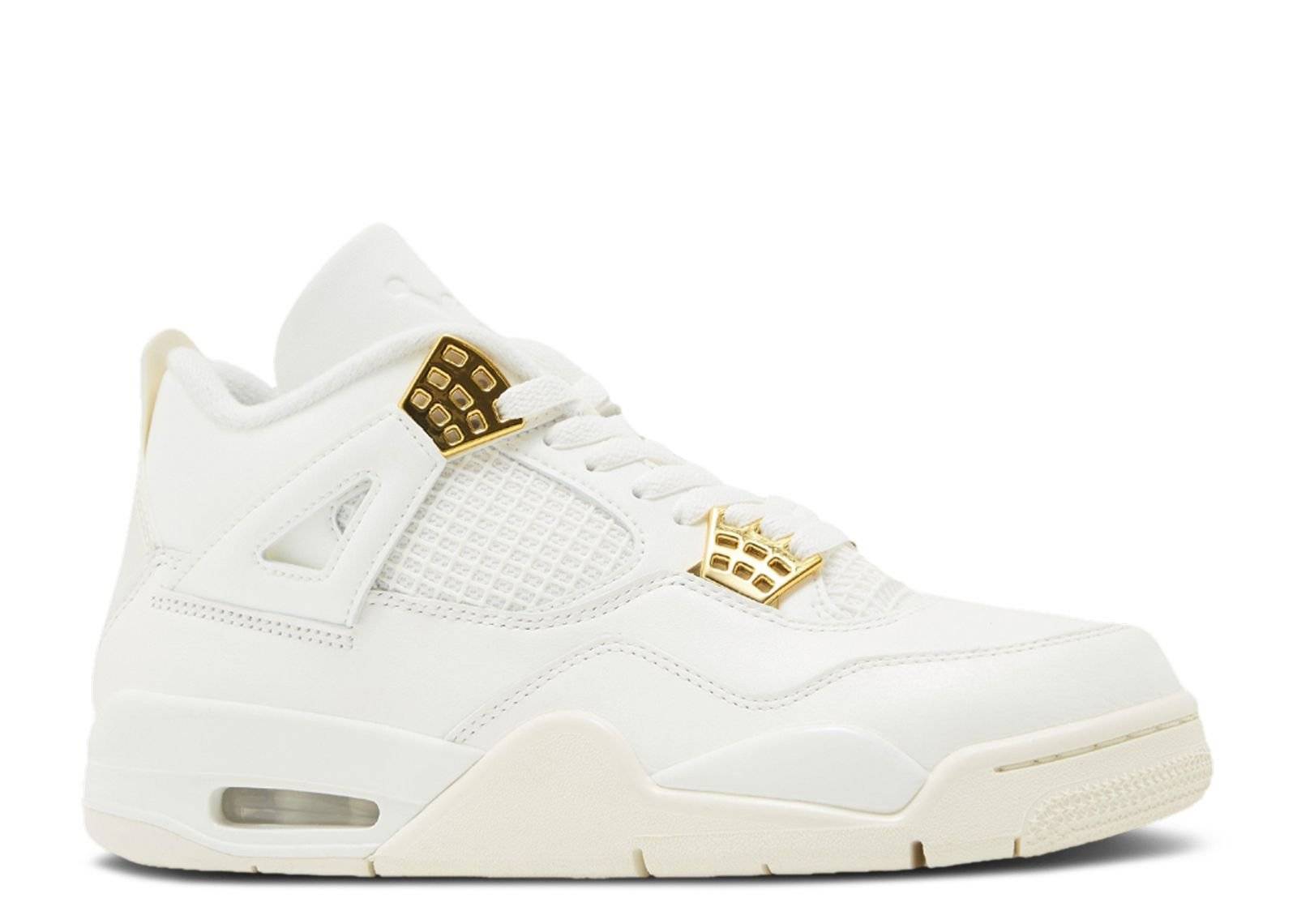 Wmns Air Jordan 4 Retro Sail sneaker featuring premium full-grain leather, mesh accents, and gold-tone translucent details in a sleek off-white design.