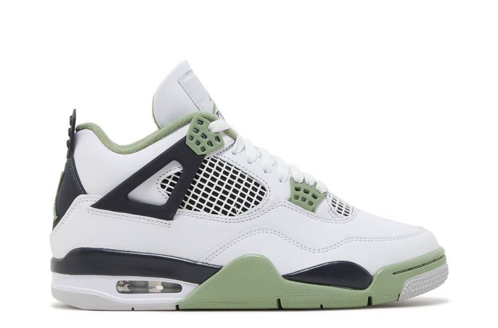 Wmns Air Jordan 4 Retro Seafoam sneaker in women's sizing, featuring white leather upper with seafoam green accents and black detailing. Limited release from February 9, 2023.