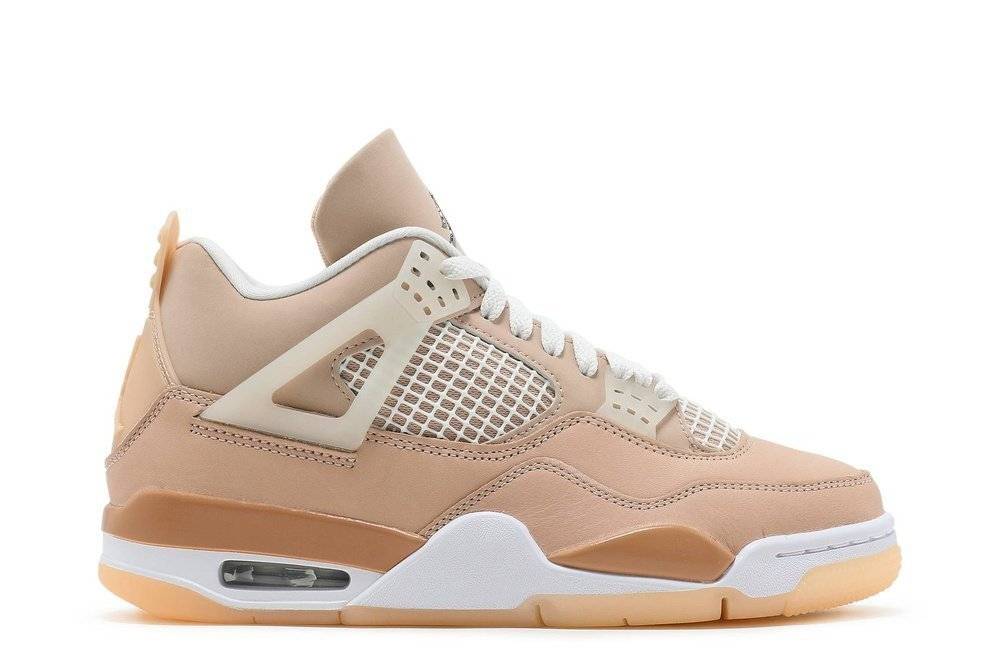 Wmns Air Jordan 4 Shimmer sneaker featuring a beige Durabuck upper, semi-translucent wings, and metallic Jumpman logo. Women’s-exclusive design.