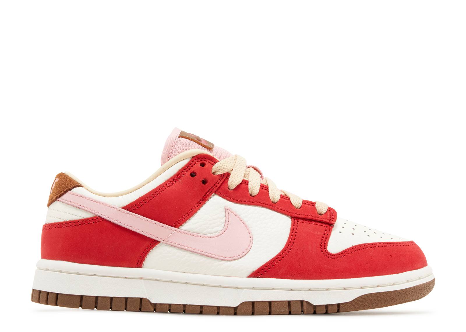 Wmns Dunk Low Bacon sneaker featuring Sport Red suede overlays, Medium Brown accents, and a white leather base with pink Nike Swoosh.