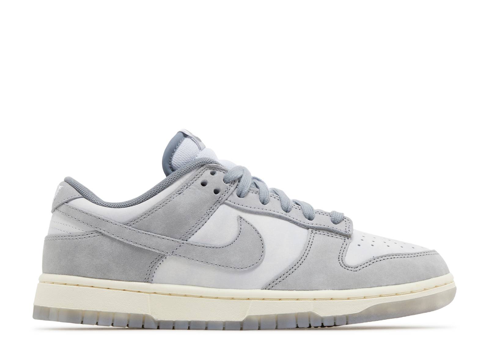 Wmns Dunk Low Cool Grey sneaker featuring light grey suede overlays, white leather base, and a sleek Nike Swoosh design. Perfect for casual wear.