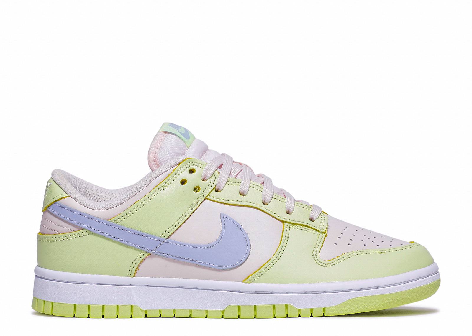 Wmns Dunk Low Lime Ice sneaker featuring pastel hues of Light Soft Pink, Lime Ice, and Ghost with a low-top design. Women's Nike Dunk released in July 2021.