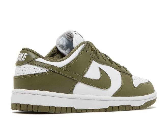 Rear view of Nike Dunk Low Medium Olive Women's sneaker highlighting the olive green heel tab with white Nike branding and classic design.