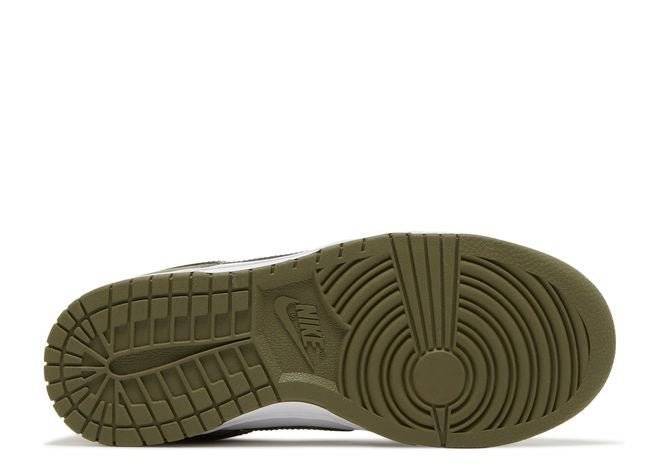 Outsole of Nike Dunk Low Medium Olive Women's sneaker featuring olive green rubber with herringbone traction for grip and durability.