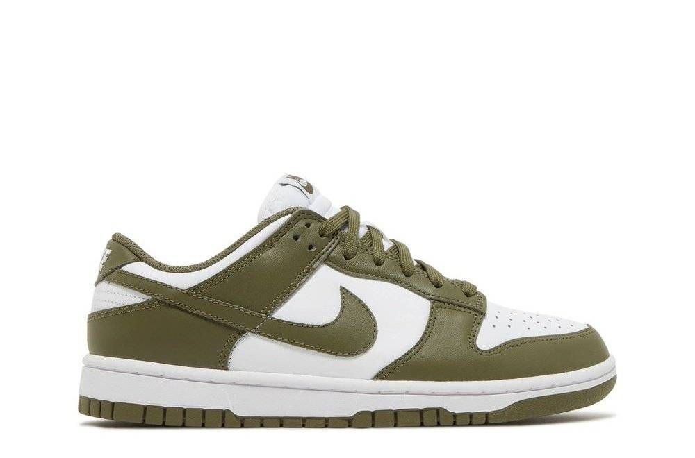 Nike Dunk Low Medium Olive Women's sneaker featuring a white leather upper with olive green overlays, Swoosh logo, and rubber sole.