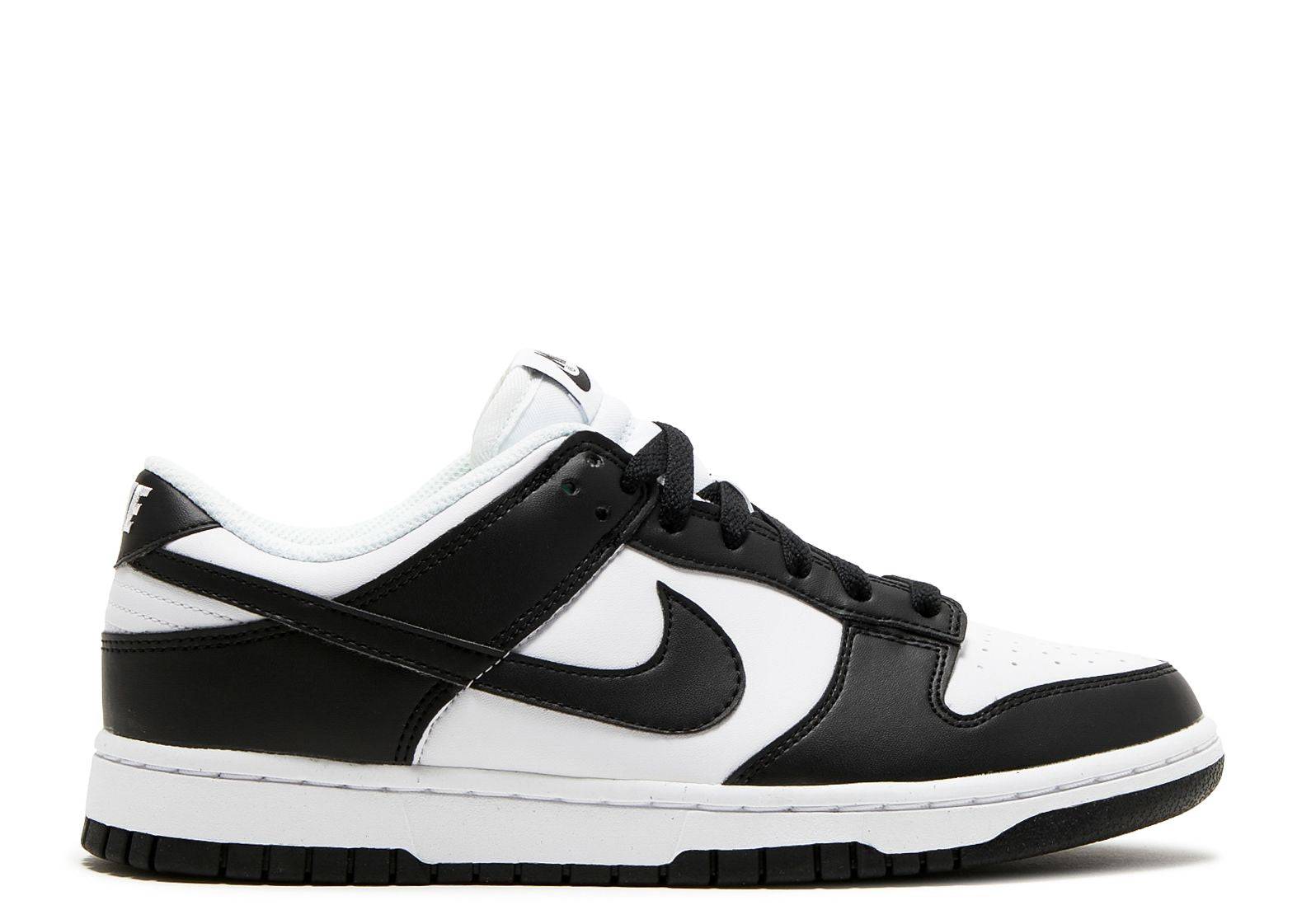 Wmns Dunk Low Next Nature Black White - Nike Panda Shoes featuring a black and white Flyleather design, made with 50% recycled materials.