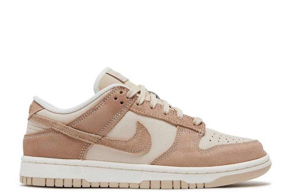 Wmns Dunk Low SE Sandrift sneaker featuring taupe leather and beige suede upper with contrast stitching, lightweight cushioning, and sand rubber outsole.