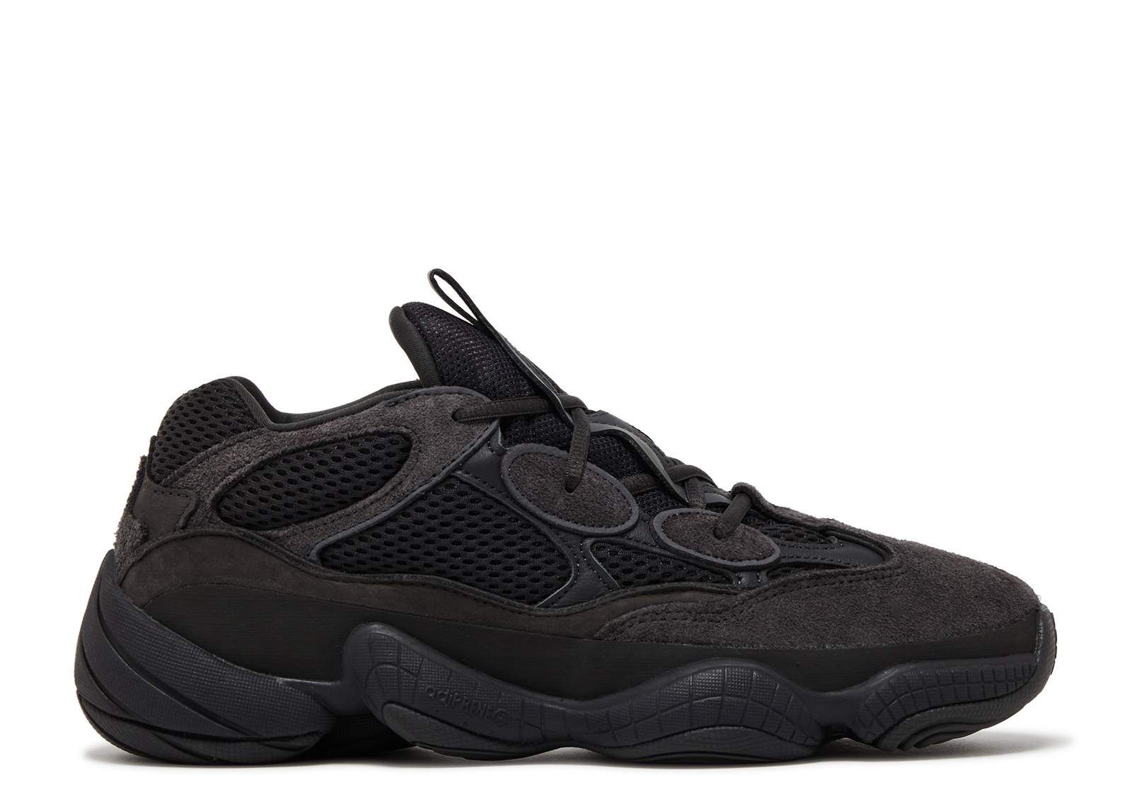 Yeezy 500 Utility Black shoes featuring a durable mesh and suede upper with a chunky adiPRENE sole. Stylish black sneaker for comfort and daily wear.