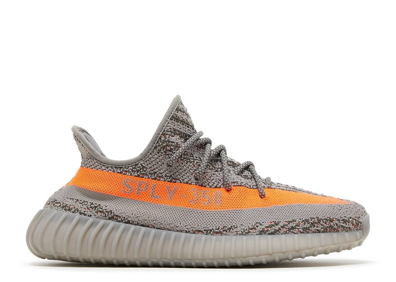 Yeezy Boost 350 V2 Beluga Reflective sneaker featuring a Primeknit upper with speckled orange accents and reflective details, iconic Boost sole, and SPLY-350 branding.