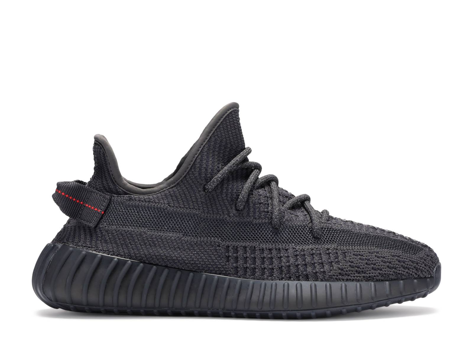 Yeezy Boost 350 V2 Black Non-Reflective sneaker featuring a sleek black knit upper, black sole, and red heel tab. Perfect for stylish footwear enthusiasts.