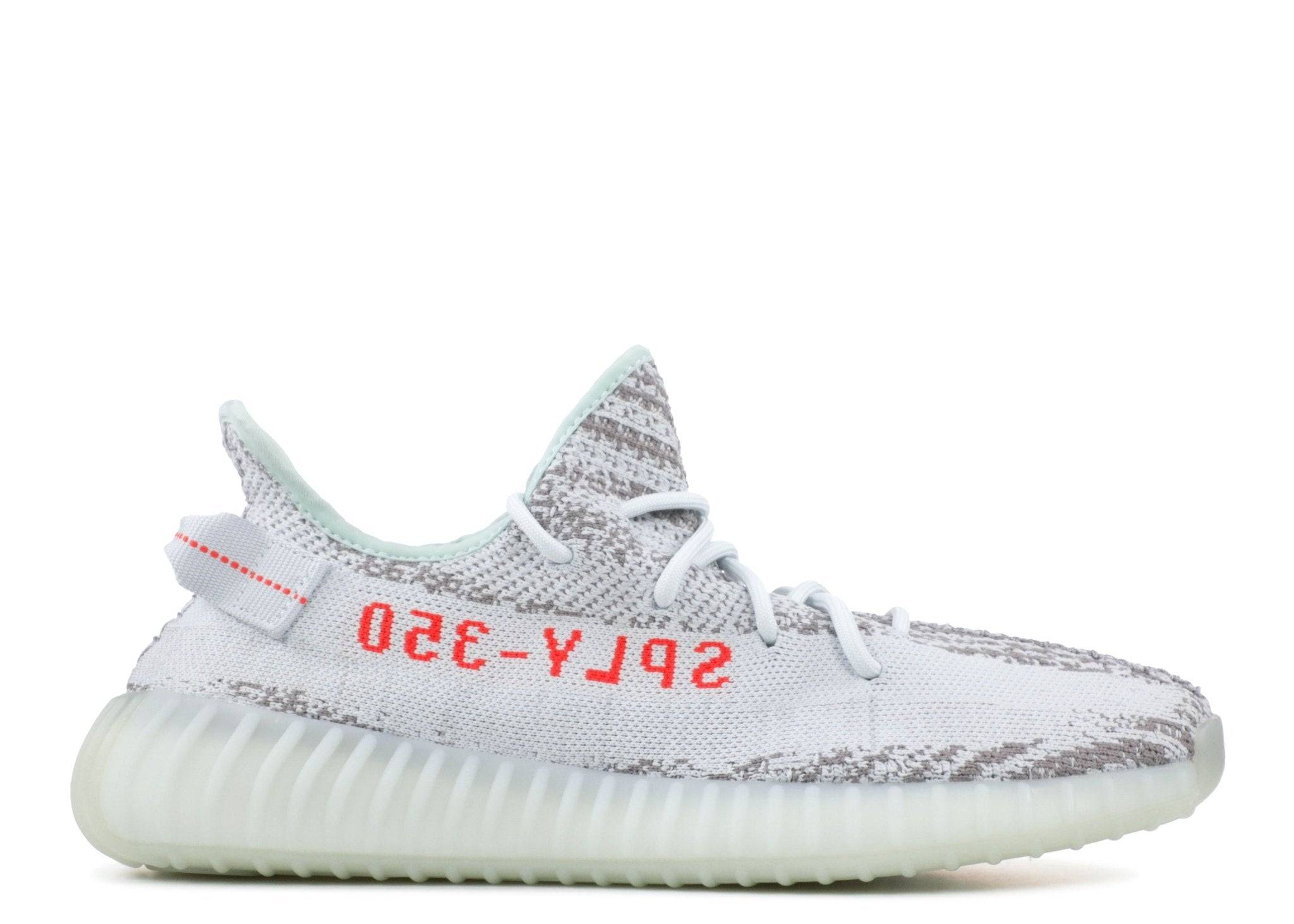 Yeezy Boost 350 V2 Blue Tint sneaker featuring grey Primeknit upper with red SPLY-350 text and translucent Blue Tint Boost sole.