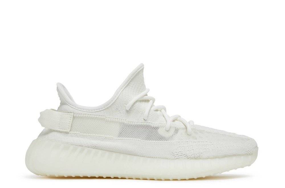 Yeezy Boost 350 V2 Bone sneaker featuring triple white Primeknit upper, translucent mesh stripe, and Boost sole. Perfect for casual and streetwear styles.