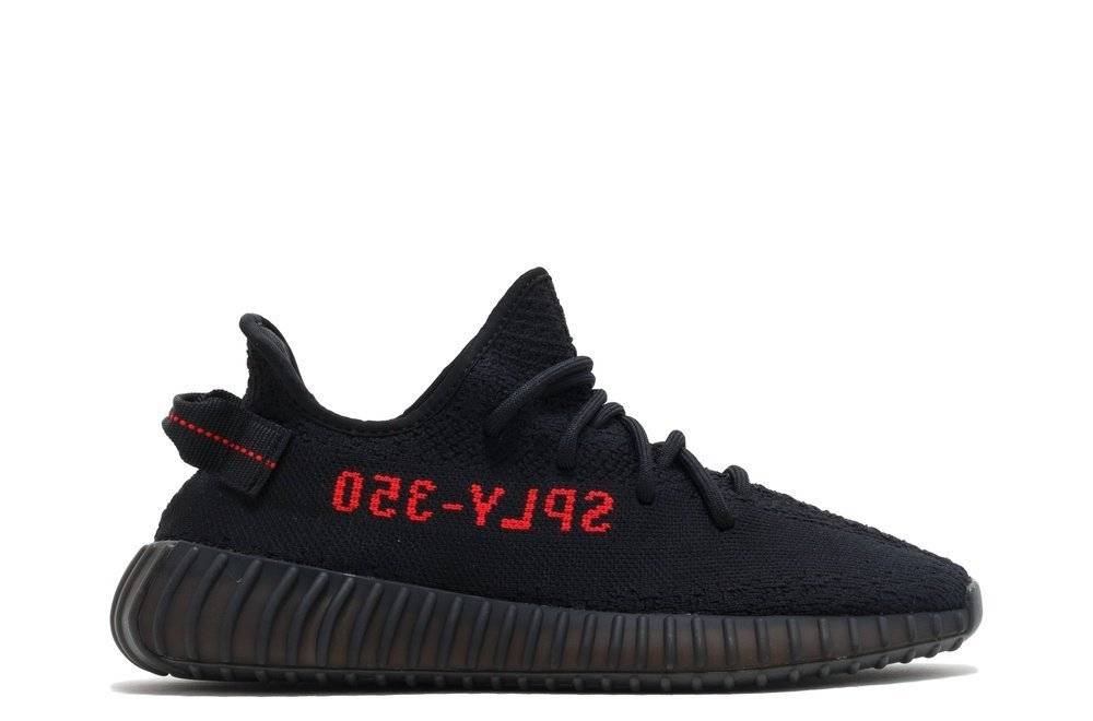 Yeezy Boost 350 V2 Bred sneaker in black with red 'SPLY-350' text, featuring Primeknit upper and BOOST cushioning. Iconic design for casual wear.