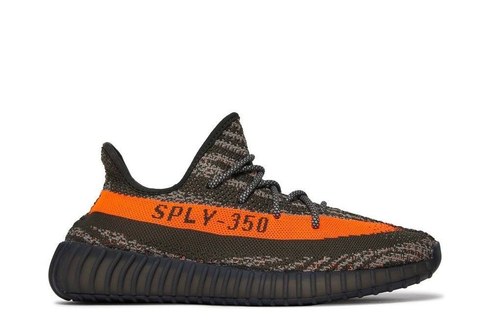 Yeezy Boost 350 V2 Beluga sneaker featuring a Carbon Beluga Primeknit upper with bold orange stripe and SPLY-350 branding, paired with a Boost midsole.