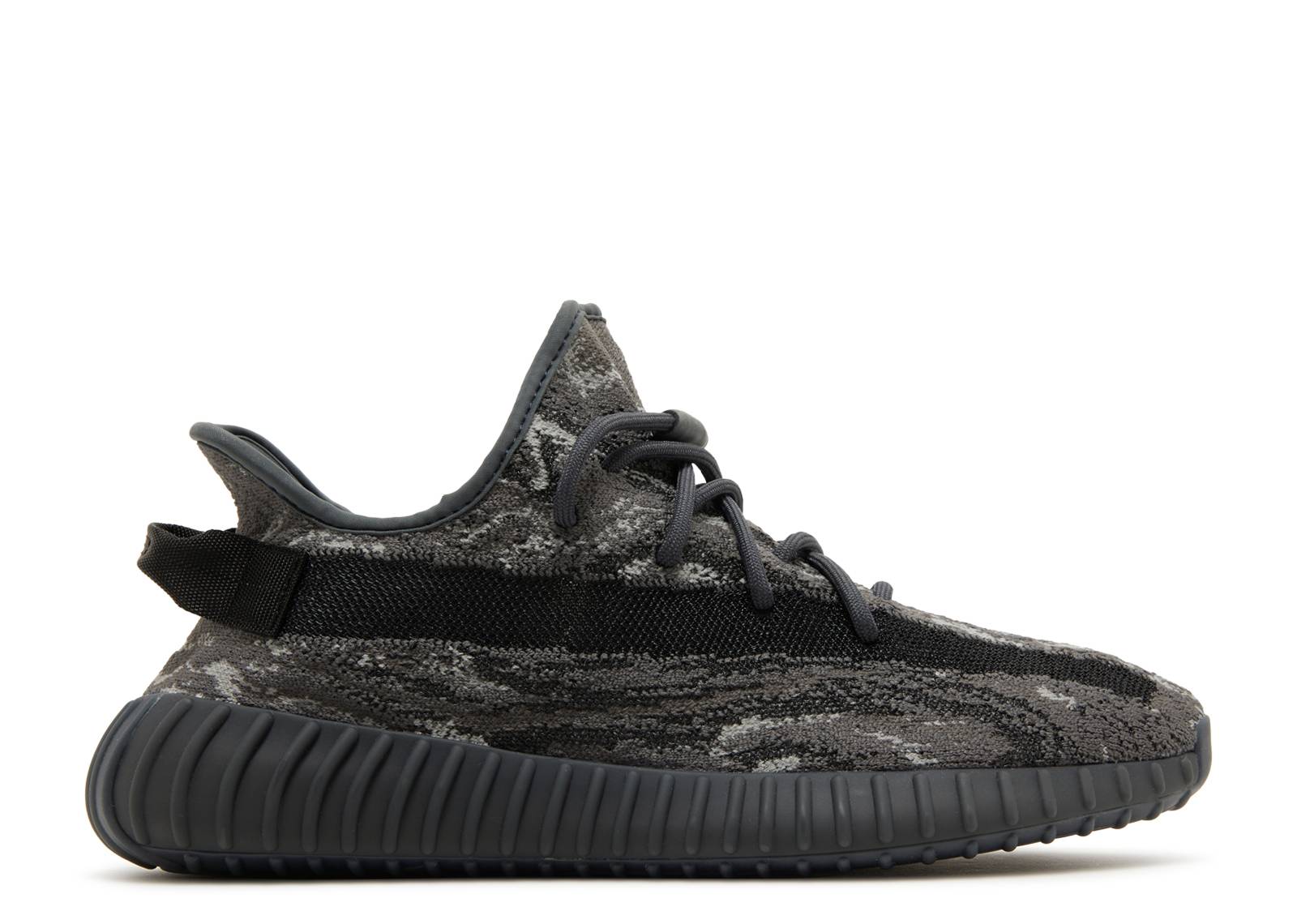 Yeezy Boost 350 V2 MX Dark Salt sneaker featuring a grey-black patterned upper, black stripe, and cushioned Boost midsole for comfort.