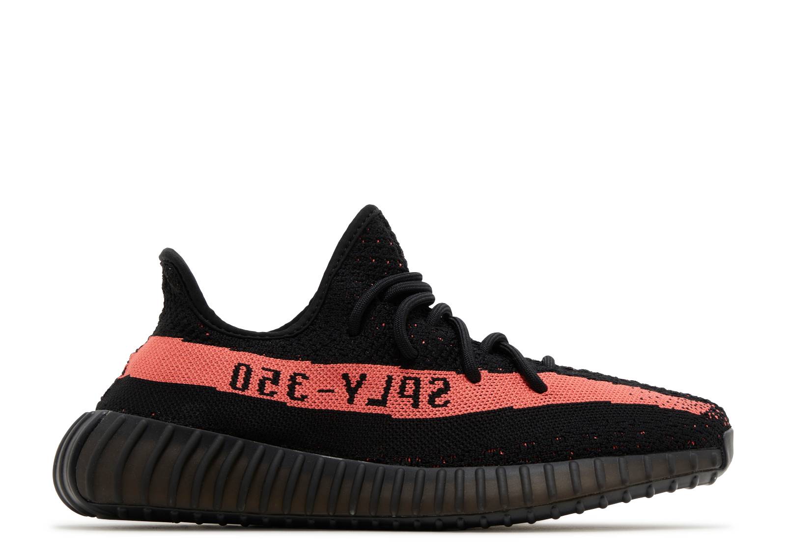 Yeezy Boost 350 V2 Red 2023 sneaker in black Primeknit with red stripe and SPLY-350 branding, featuring BOOST cushioning for comfort.