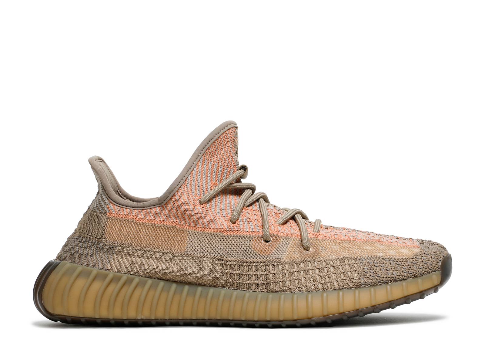 Yeezy Boost 350 V2 Sand Taupe sneaker featuring a taupe PRIMEKNIT upper, BOOST cushioning, and a translucent ribbed sole. Released December 2020.