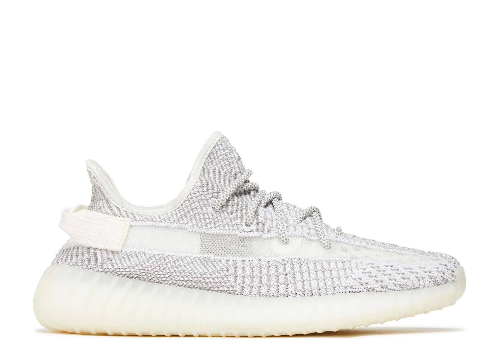 Yeezy Boost 350 V2 Static 2023 shoes in a non-reflective design, featuring a white and grey Primeknit upper with translucent stripe and ribbed sole.